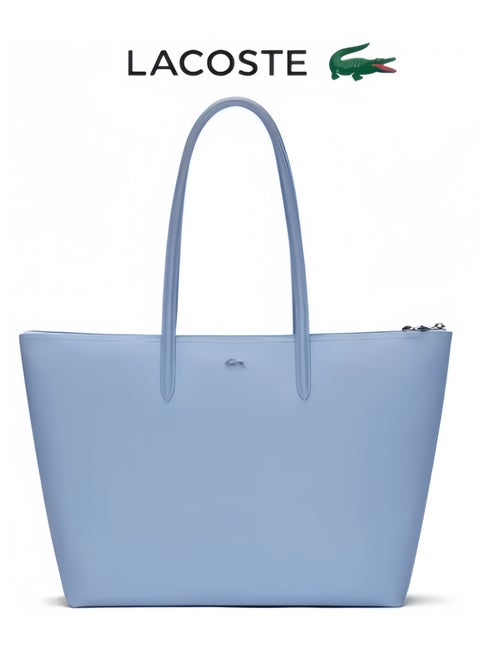 Lacoste Women's Concept Fashion Versatile Large Capacity Zipper Handbag Tote Bag Shoulder Bag Large Size Linen Light blue