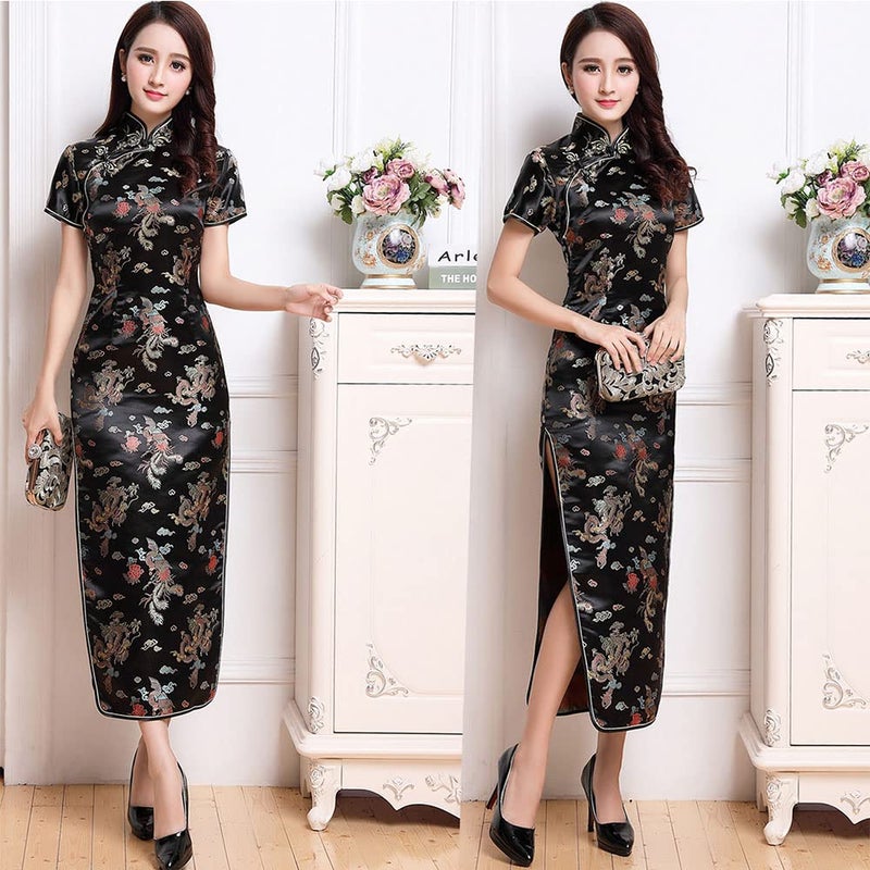 STIOEDYUAN Women Cheongsam Long Dress Evening Short Sleeve Slim Fit Maxi Dress Floral Faux Silk Stand Collar Bodycon Qipao (as1, Alpha, x_l, Regular, Regular, Black Dragon) - Image 3