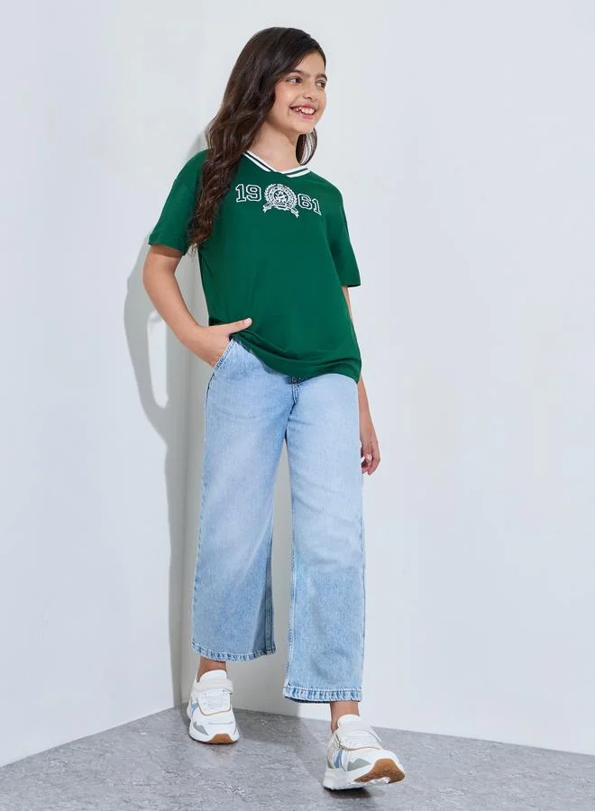 Styli Teen Girls Oversized Drop Shoulder Embroidered T-Shirt