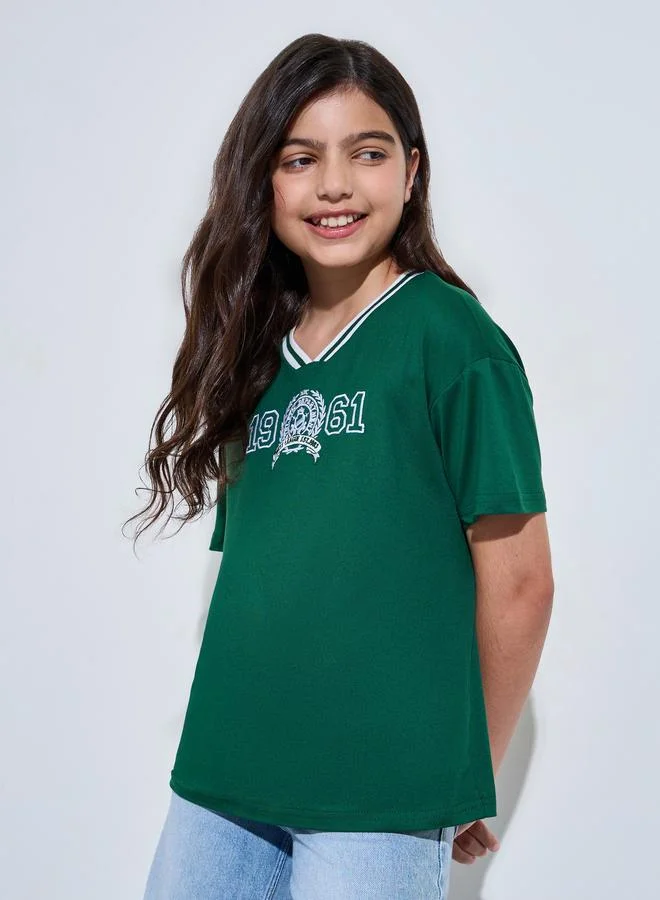Styli Teen Girls Oversized Drop Shoulder Embroidered T-Shirt