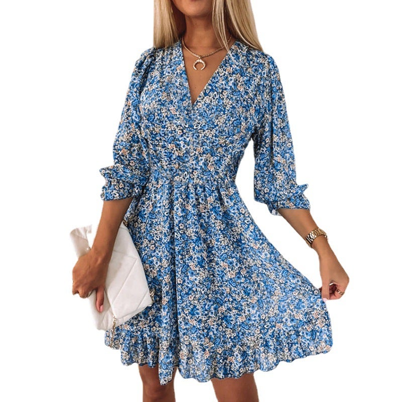 2026 Floral Print Boho A-Line Dress with Puff Sleeves - Image 5