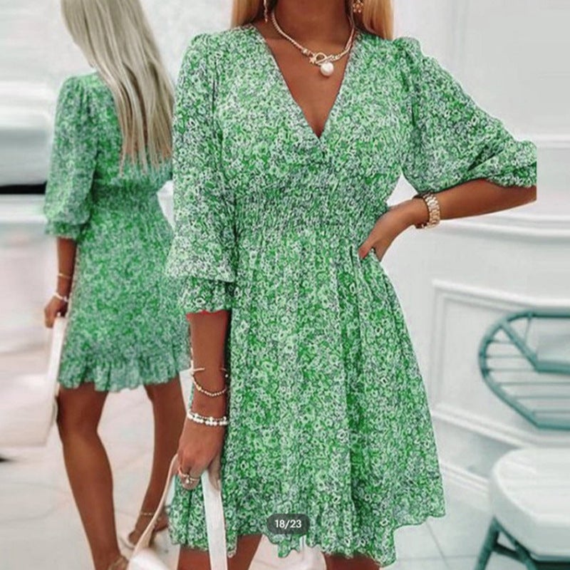 2026 Floral Print Boho A-Line Dress with Puff Sleeves - Image 2