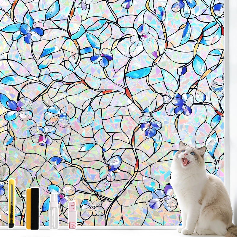 NINETREX Window Privacy Film, Rainbow Stained Glass Window Film, Static Cling Heat Control UV Blocking, Decorative for Home, Bathroom, Glass Door and Car, Renter-Friendly, Blue 17.5 x 78.7 inches - Image 1