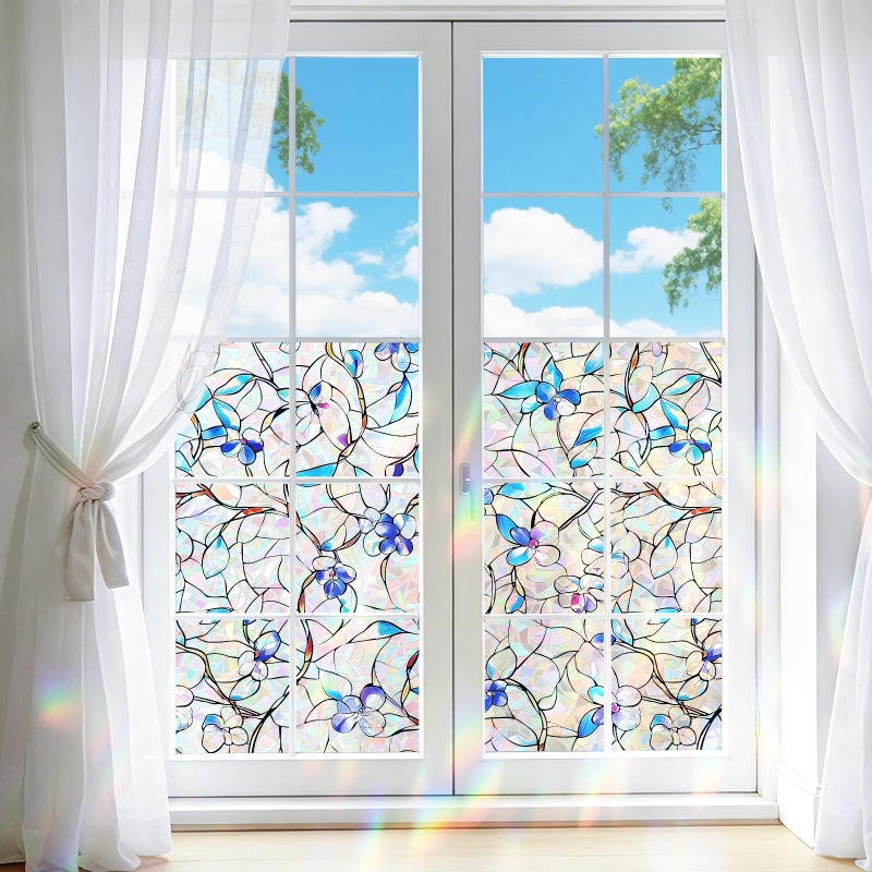 NINETREX Window Privacy Film, Rainbow Stained Glass Window Film, Static Cling Heat Control UV Blocking, Decorative for Home, Bathroom, Glass Door and Car, Renter-Friendly, Blue 17.5 x 78.7 inches - Image 2