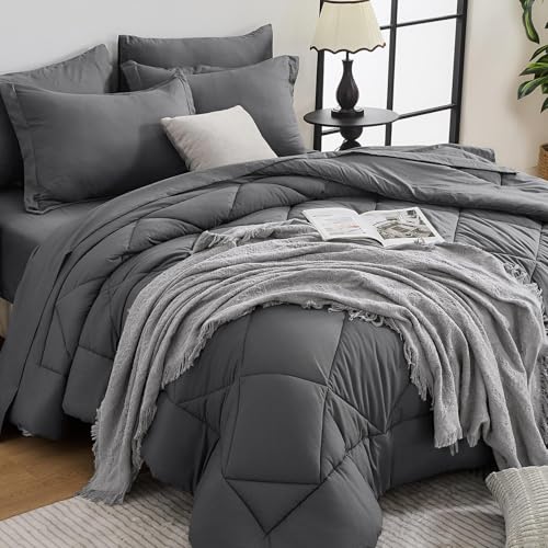 HEVUMYI 7 Pieces Queen Comforter Set, All Season Reversible Bed in a Bag, Ultra Soft Queen Bedding Set with Grey Comforter, Flat Sheet, Fitted Sheet, Pillowcases, Pillow Shams, Dark Grey - Image 1