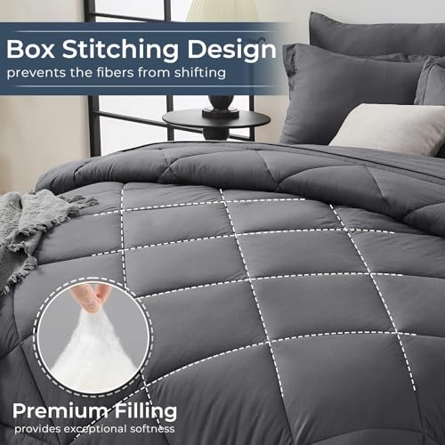 HEVUMYI 7 Pieces Queen Comforter Set, All Season Reversible Bed in a Bag, Ultra Soft Queen Bedding Set with Grey Comforter, Flat Sheet, Fitted Sheet, Pillowcases, Pillow Shams, Dark Grey - Image 4