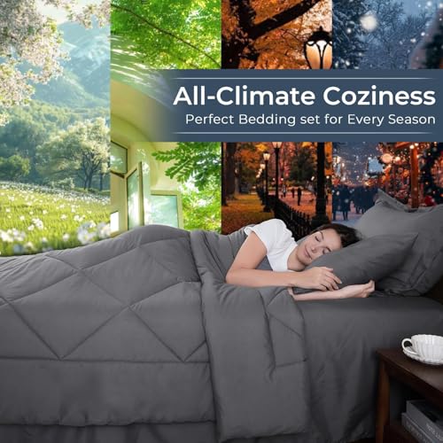 HEVUMYI 7 Pieces Queen Comforter Set, All Season Reversible Bed in a Bag, Ultra Soft Queen Bedding Set with Grey Comforter, Flat Sheet, Fitted Sheet, Pillowcases, Pillow Shams, Dark Grey - Image 3