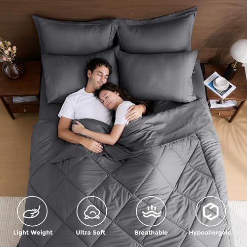 HEVUMYI 7 Pieces Queen Comforter Set, All Season Reversible Bed in a Bag, Ultra Soft Queen Bedding Set with Grey Comforter, Flat Sheet, Fitted Sheet, Pillowcases, Pillow Shams, Dark Grey - Image 2