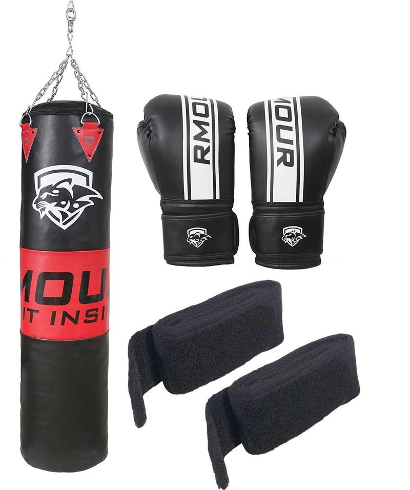 IWIN RMOUR Unfilled Black Red Heavy PU Punch Bag Boxing MMA Sparring Punching Training Kick Boxing Muay Thai with Hanging Chain, Boxing Gloves and Hand Wraps (4 FT), red Black - Image 5