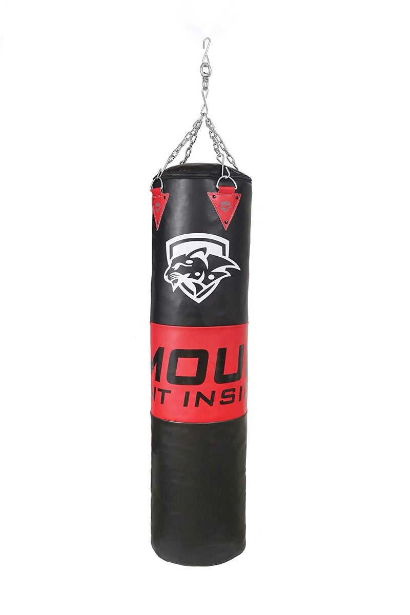 IWIN RMOUR Unfilled Black Red Heavy PU Punch Bag Boxing MMA Sparring Punching Training Kick Boxing Muay Thai with Hanging Chain, Boxing Gloves and Hand Wraps (4 FT), red Black - Image 2