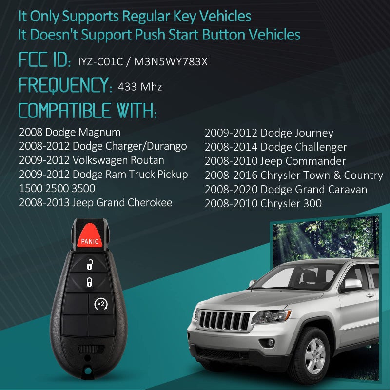 HelloAuto Key Fob for 08-12 Dodge Ram 1500 2500 3500, Fits Dodge Grand Caravan Charger Challenger Durango Remote Key Fob Replacement IYZ-C01C/M3N5WY783X - Image 2