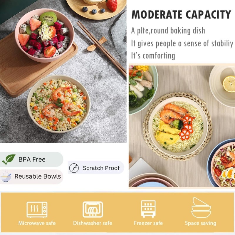 WE-CEF Wheat Straw Fiber Rice Bowls, Japanese Ramen Noodle Soup Bowl, Lightweight Salad Bowls for Serving Fruit Pasta Snack Dessert,Cereal Bowls, Dinner Dishes Bowl Set (6, Pink) - Image 3