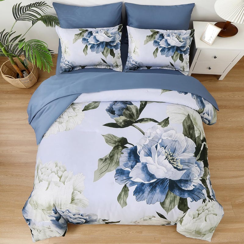 Dobuyly Blue Twin Comforter Set 5 Piece Bed in a Bag Twin Size, Blue Floral Print on Light Blue Comforter Set with Sheets, Soft Microfiber Complete Bedding Set for All Season - Image 3