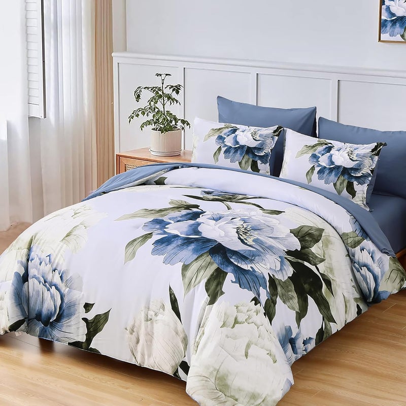 Dobuyly Blue Twin Comforter Set 5 Piece Bed in a Bag Twin Size, Blue Floral Print on Light Blue Comforter Set with Sheets, Soft Microfiber Complete Bedding Set for All Season - Image 2