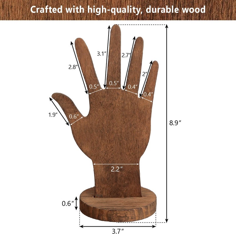 Mooca 6-Piece Wooden Hand Form Jewelry Display Set - 2-Way Design for Wall Hanging or Standalone Mannequin Finger Hand Display, Brown Color - Image 2
