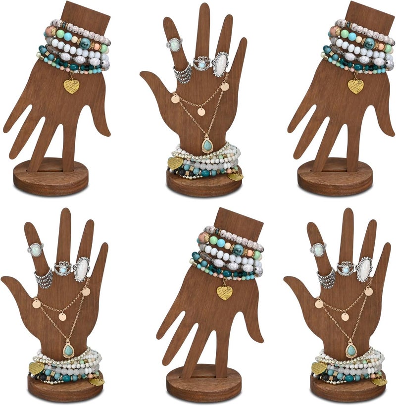 Mooca 6-Piece Wooden Hand Form Jewelry Display Set - 2-Way Design for Wall Hanging or Standalone Mannequin Finger Hand Display, Brown Color - Image 1