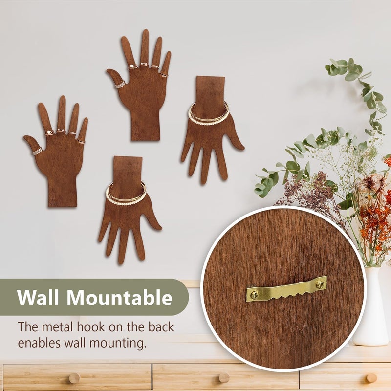 Mooca 6-Piece Wooden Hand Form Jewelry Display Set - 2-Way Design for Wall Hanging or Standalone Mannequin Finger Hand Display, Brown Color - Image 4