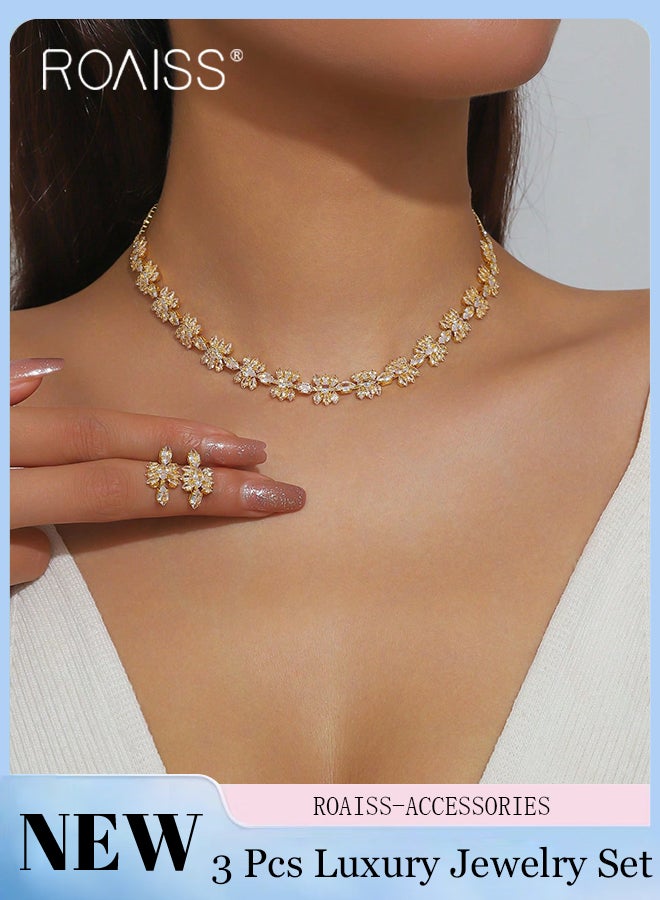 رويس مجموعة مجوهرات براقة مكونة من 3 قطع للنساء، قلادة وأقراط على شكل زهرة ذهبية، قلادة أنيقة مرصعة بأحجار الراين الفاخرة، إكسسوار رائع للحفلات وحفلات الزفاف، مثالية كهدايا للعطلات - Image 1
