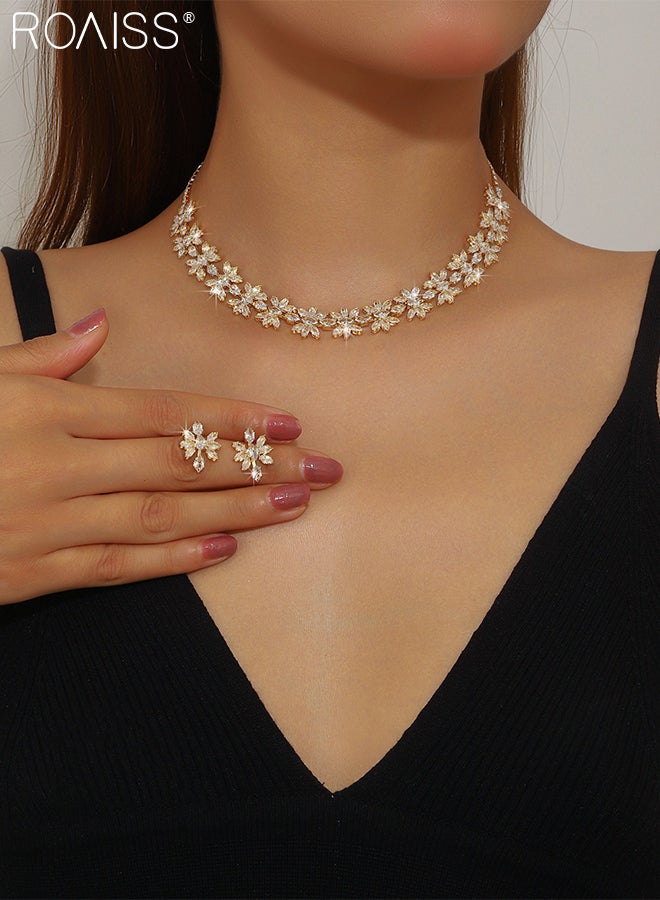رويس مجموعة مجوهرات براقة مكونة من 3 قطع للنساء، قلادة وأقراط على شكل زهرة ذهبية، قلادة أنيقة مرصعة بأحجار الراين الفاخرة، إكسسوار رائع للحفلات وحفلات الزفاف، مثالية كهدايا للعطلات - Image 3