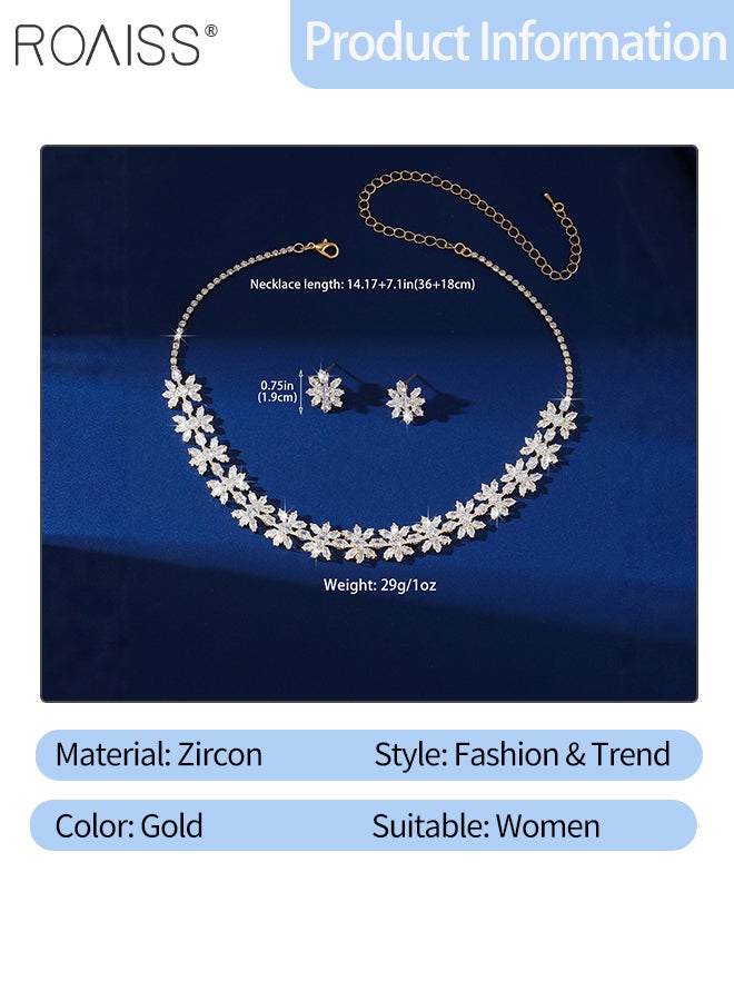 رويس مجموعة مجوهرات براقة مكونة من 3 قطع للنساء، قلادة وأقراط على شكل زهرة ذهبية، قلادة أنيقة مرصعة بأحجار الراين الفاخرة، إكسسوار رائع للحفلات وحفلات الزفاف، مثالية كهدايا للعطلات - Image 2