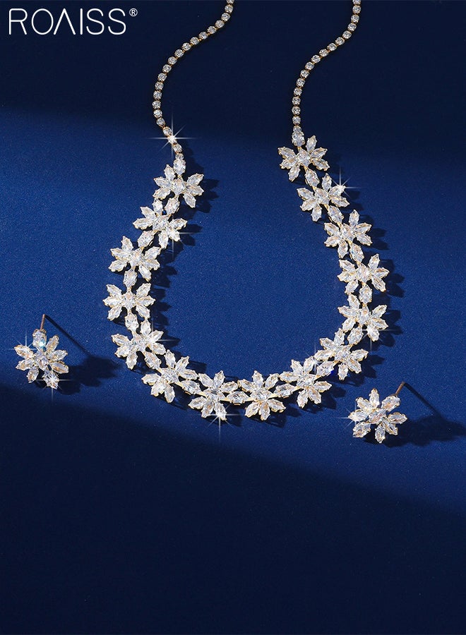 رويس مجموعة مجوهرات براقة مكونة من 3 قطع للنساء، قلادة وأقراط على شكل زهرة ذهبية، قلادة أنيقة مرصعة بأحجار الراين الفاخرة، إكسسوار رائع للحفلات وحفلات الزفاف، مثالية كهدايا للعطلات - Image 4