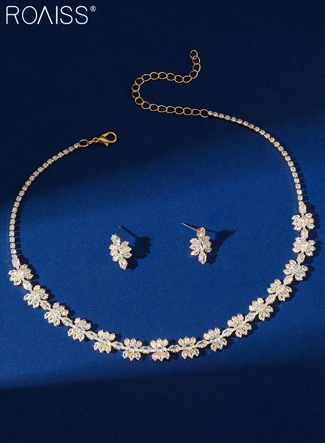 رويس مجموعة مجوهرات براقة مكونة من 3 قطع للنساء، قلادة وأقراط على شكل زهرة ذهبية، قلادة أنيقة مرصعة بأحجار الراين الفاخرة، إكسسوار رائع للحفلات وحفلات الزفاف، مثالية كهدايا للعطلات - Image 5
