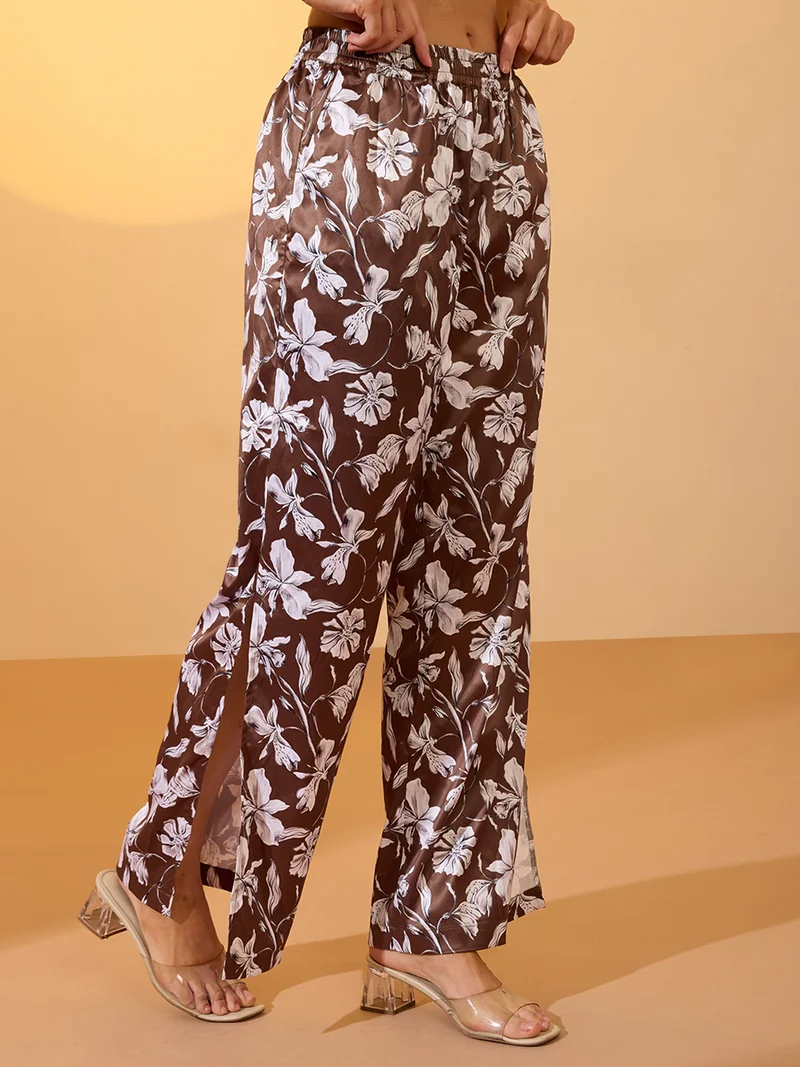 globus Women Brown Floral Print Mid-Rise Satin Elasticated Wide Leg Resort Trousers