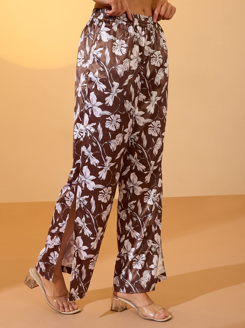 globus Globus Women Brown Floral Print Mid-Rise Satin Elasticated Wide Leg Resort Trousers  - Image 3