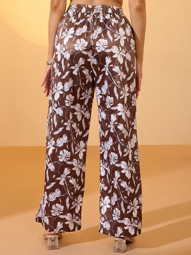 globus Women Brown Floral Print Mid-Rise Satin Elasticated Wide Leg Resort Trousers