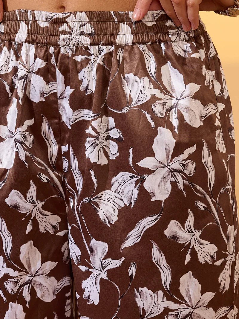 globus Women Brown Floral Print Mid-Rise Satin Elasticated Wide Leg Resort Trousers