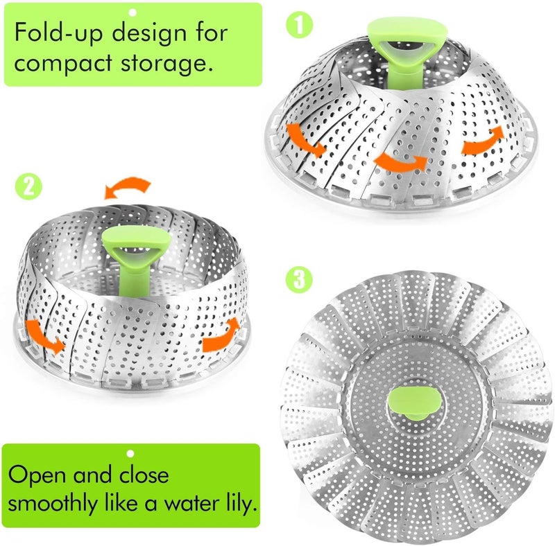 Consevisen Vegetable Steamer Basket for Cooking Food, Stainless Steel Veggie Steam Basket for Pot, Folding Expandable Steaming Insert with Extendable Handle Fits Various Size Pot, 5.1" to 9" - Image 3