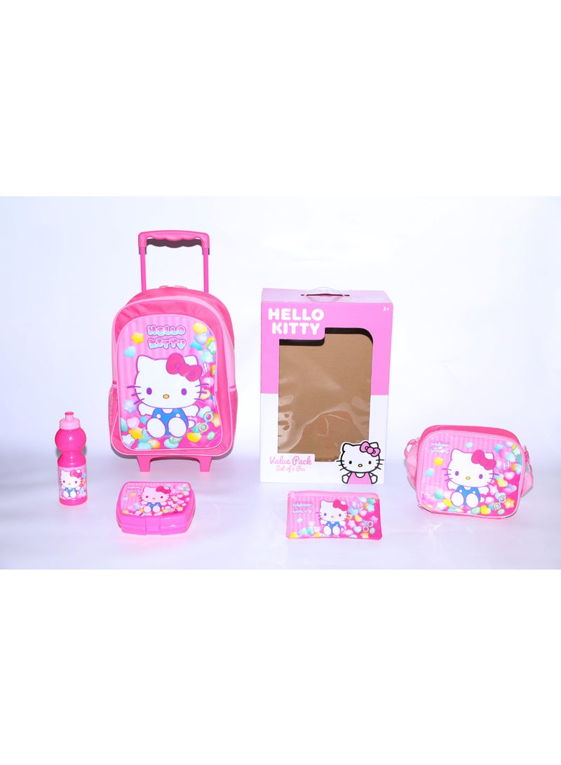 Hello Kitty 5 in 1 Value Pack (16" Trolley Bag with Lunch Box, Lunch bag, Water Bottle and Pencil Case)