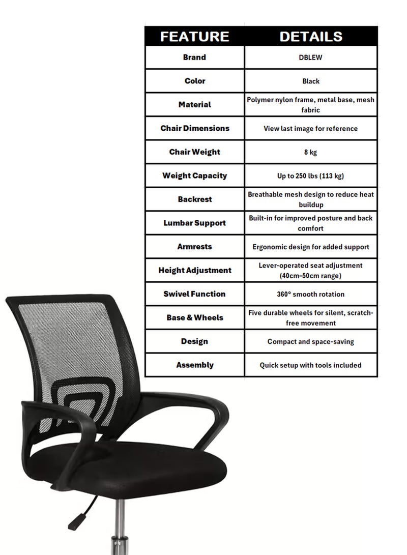 دي بلو كرسي مكتب مع دعم قطني، وارتفاع قابل للتعديل، ودوران 360 درجة للمنزل أو المكتب - Image 2