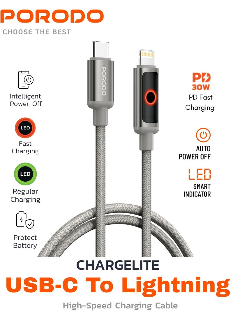 بورودو كابل ChargeLite USB-A إلى لايتنينج مزود بمؤشر LED ضوء/PD 30W نقل بيانات بسرعة 480 ميجابت في الثانية/سلك مضفر متين/كابل شحن عالي السرعة - رمادي - Image 1