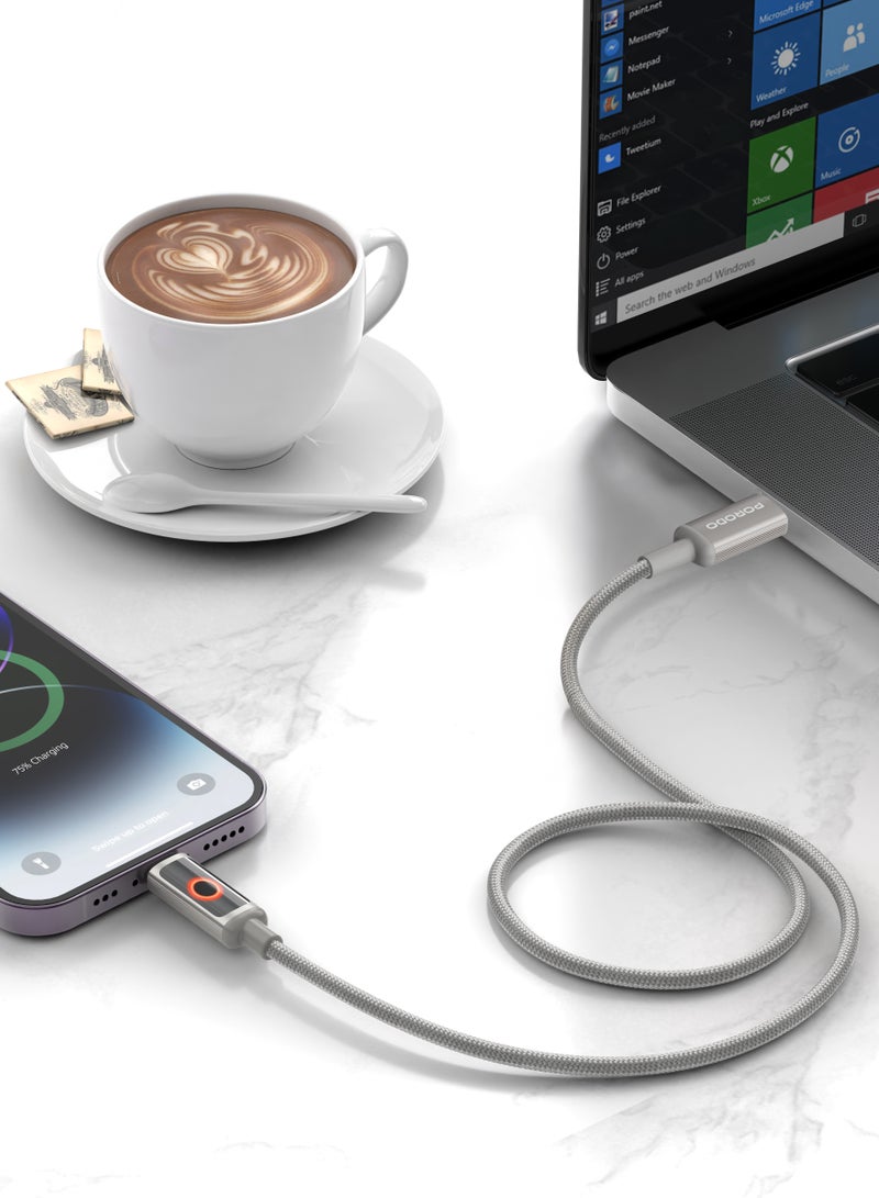 بورودو كابل ChargeLite USB-A إلى لايتنينج مزود بمؤشر LED ضوء/PD 30W نقل بيانات بسرعة 480 ميجابت في الثانية/سلك مضفر متين/كابل شحن عالي السرعة - رمادي - Image 2