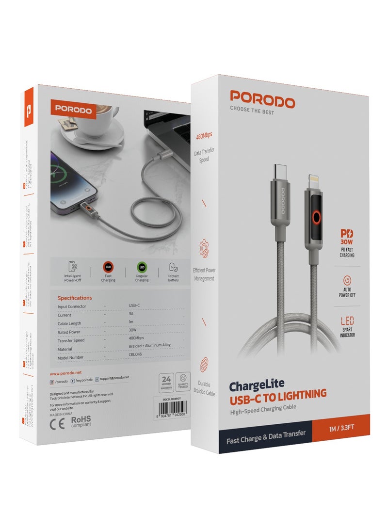 بورودو كابل ChargeLite USB-A إلى لايتنينج مزود بمؤشر LED ضوء/PD 30W نقل بيانات بسرعة 480 ميجابت في الثانية/سلك مضفر متين/كابل شحن عالي السرعة - رمادي - Image 4