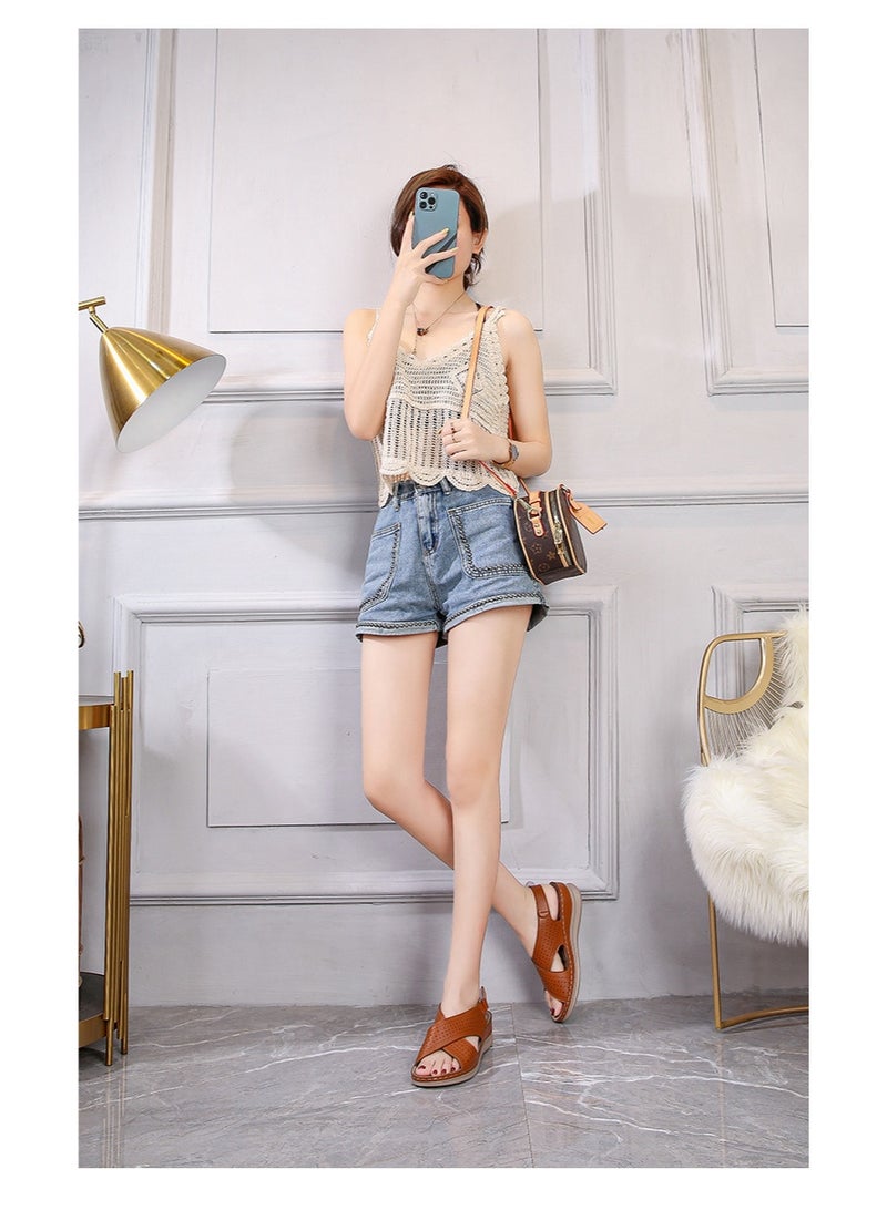 NIBEMINENT Women's Comfortable Lightweight Retro Heeled Sandals Rubber Bottom Polyurethane Roman Style Shoes Casual Crossbody  - Image 2