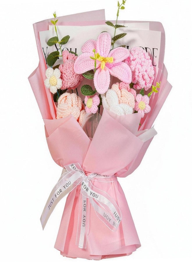 HAPYFMSHI Crochet Flowers Bouquet 8PCS, Handmade Knitted Artificial Crochet Flower Gifts - Tulips Roses Daisies Carnations, Preserved Flowers for Mother's Day Valentine's Day Birthday Home Decor- Pink (Pink) - Image 1