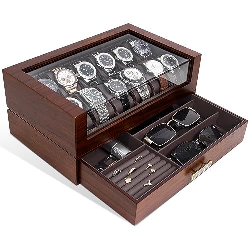 KAMIER High End Watch Box for Men, 12 Slot Wooden Watch Case With Drawer, Watch Display Box with Glass Lid, 2-Layer Watch Holder for Jewelry and Watch Storage for Men Women , Ideal for Gift (With Gift Box) - Image 1