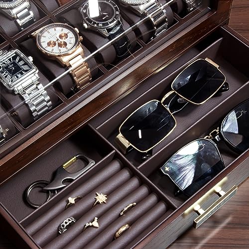 KAMIER High End Watch Box for Men, 12 Slot Wooden Watch Case With Drawer, Watch Display Box with Glass Lid, 2-Layer Watch Holder for Jewelry and Watch Storage for Men Women , Ideal for Gift (With Gift Box) - Image 5