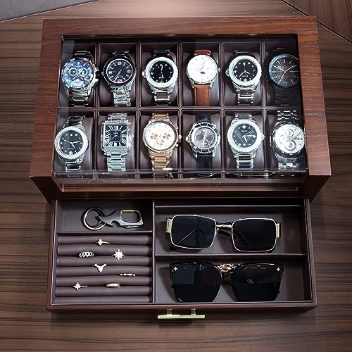 KAMIER High End Watch Box for Men, 12 Slot Wooden Watch Case With Drawer, Watch Display Box with Glass Lid, 2-Layer Watch Holder for Jewelry and Watch Storage for Men Women , Ideal for Gift (With Gift Box) - Image 4