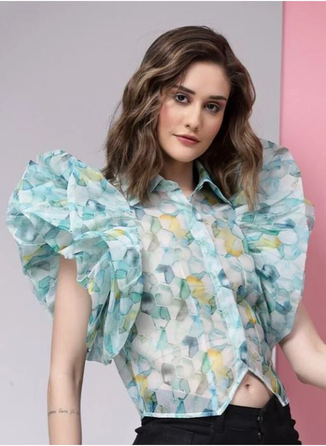 ستايلي Sheer Organza Printed Crop Shirt