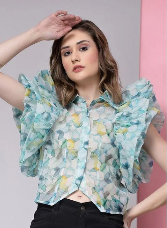 Kassually Kassually Sheer Organza Printed Crop Shirt