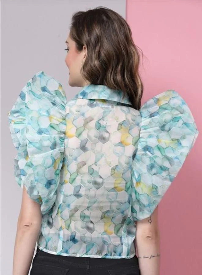 Kassually Kassually Sheer Organza Printed Crop Shirt