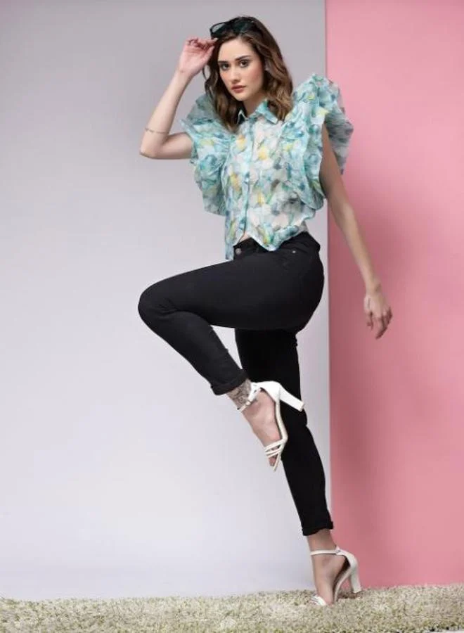 Kassually Kassually Sheer Organza Printed Crop Shirt