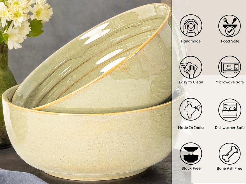Bodhi House Porcelain Large Serving Deep Bowl Set of 2 for Vegetable, Dal, Fruit, Cereal, Salad, Ramen, Mixing Bowl for Snack, Microwave Safe, Perfect for Dining and Gifting, Olive Green | 1000ml - Image 5