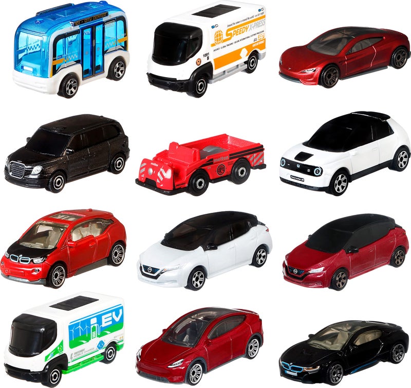 Matchbox Cars or Buses 12-Pack, Set of 12 Toy Electric Vehicles in 1:64 Scale (Styles May Vary) - Image 1