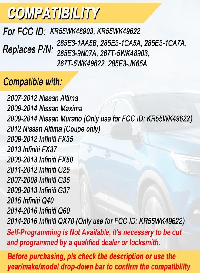 Vurkcy Key Fob Replacement for 2007-2012 Nissan Altima/ 09-14 Maxima & Murano/ 09-12 Infiniti FX35/ 08-13 G37/ 09-13 FX50/ 14-16 Q60 QX70/ 11-12 G25/ 07-08 G35, KR55WK48903 KR55WK49622,4 Buttons,2Pcs - Image 2