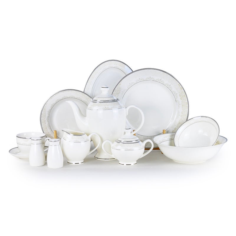 Shallow VERA 47Pc Bone China Dinnerware Set - White with Platinum-Silver Rim | Dinner Set with Plates, Bowls, Cups,Teapot & for Everyday Dining, Family Meals, Hosting & Formal Entertaining - Image 1
