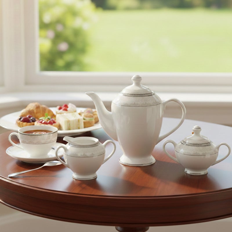 Shallow VERA 47Pc Bone China Dinnerware Set - White with Platinum-Silver Rim | Dinner Set with Plates, Bowls, Cups,Teapot & for Everyday Dining, Family Meals, Hosting & Formal Entertaining - Image 3